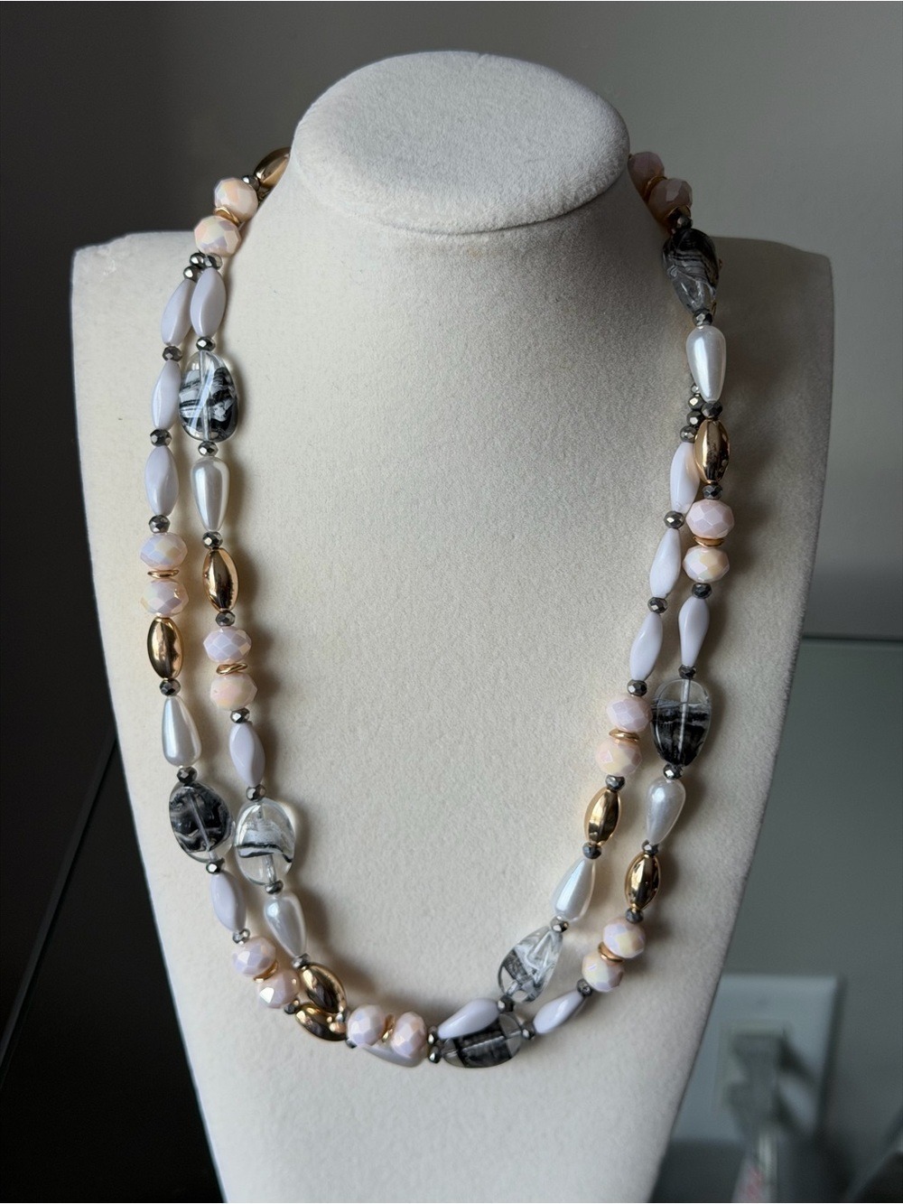 Elegant Double-Strand Pink Pearl & Gold Bead Necklace